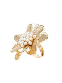 1 pieza Anillo de flor de perla vintage lujoso y exagerado para mujeres, joyería de anillo abierto de textura asimétrica barroco