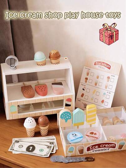 Wooden Ice Cream Counter Playset For Kids, Toddler Girl Toys Kitchen Playset Pretend Play Gifts For 3 4 5 6 Year Old Girl Or Boy, Play Food Scoop And Serve, Play Kitchen Sets For Kids Ages 3-8