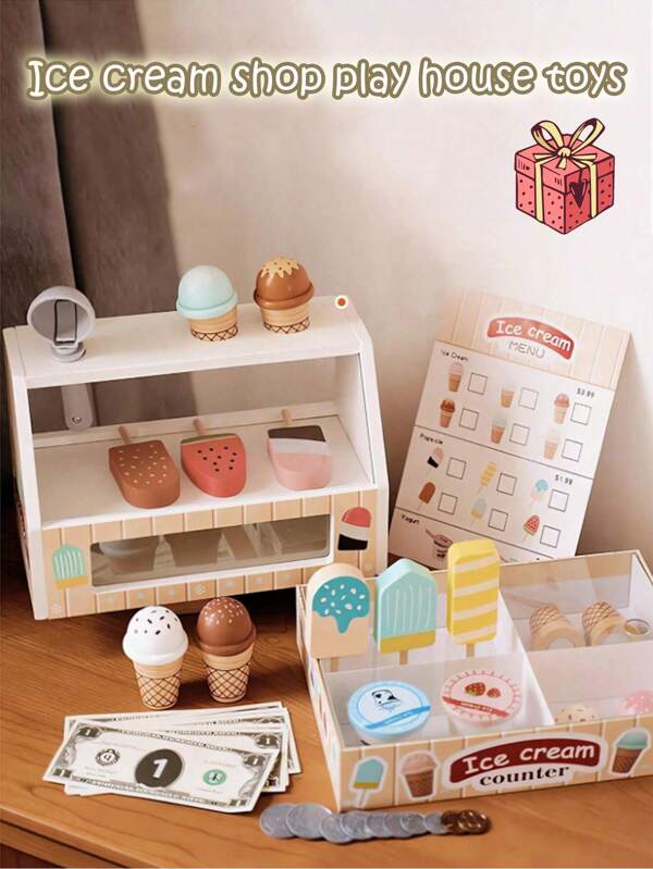 Ensemble de comptoir de crème glacée en bois pour enfants, jouets de cuisine pour tout-petits, ensemble de jeu de cuisine pour le jeu de faire semblant, cadeaux pour les filles ou les garçons de 3 4 5 6 ans, cuillère et service de nourriture de jeu, ensembles de cuisine de jeu pour les enfants de 3 à 8 ans