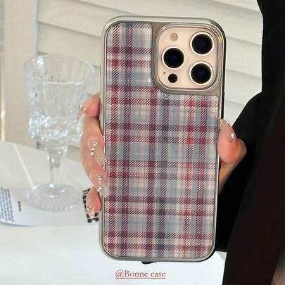 1 件 GUCADI 格纹韩式甜美树脂电镀银边手机壳适用于 Apple/系列，简约复古经典