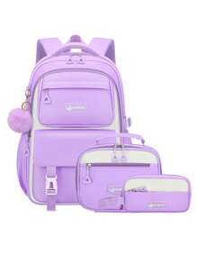 3pcs/Set - Large Capacity Girl's Backpack. Student Bag With Lunch Box Bag And Pencil Case. Simple 15.6-Inch School Laptop Backpack. Outdoor Travel Bag With Plush Ball Pendant. Back-To-School Essential. Suitable For School And Travel