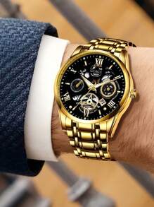 Relógio masculino de escala romana, modelo fashion, 1 peça | Pulseira de aço inoxidável e movimento de quartzo com calendário, relógio masculino de disco grande | Adequado para presentes de aniversário, presentes de formatura, presentes de Halloween