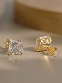 1pair Graceful 925 Sterling Silver Stud Earrings With Dazzling Square-Cut Zirconia, Accessory For Ear Elegant And Refined Jewelry For Every Fashion-Forward Woman, The Perfect Gift For Birthdays Or Anniversaries