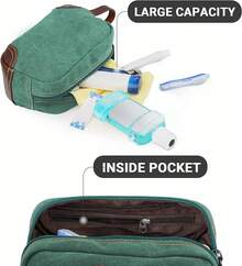 Men's Toiletry Bag, Leather And Canvas Travel Toiletry Bag, Dopp Kit For Men, Travel Bathroom Bag Men's Shaving Kit, Travel Kit Small Bags For Men, Shaving Bag For Travel Accessories (Green) - 綠色 - 查看 6