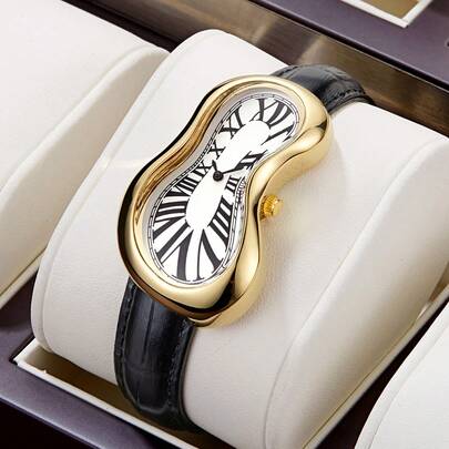 1 pezzo Orologio al quarzo da donna, colore oro e argento, design asimmetrico a forma di Y2K, alla moda, retrò, di alta qualità, orologio da polso impermeabile al quarzo