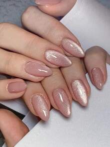 10pcs Medium Nude Cat Eye Nail Stickers Set, Includes 1 Adhesive Sticker Sheet And 1 Mini Nail File, Suitable For Daily Wear, Ideal Nail Art Supplies Nails - 粉色 - 查看 1
