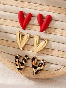 3 Pairs Fashion Personalized Metallic Enamel Leopard & Heart Stud Earring Set, Suitable For Party And Multiple Occasions For Women - Multicolor - View 6