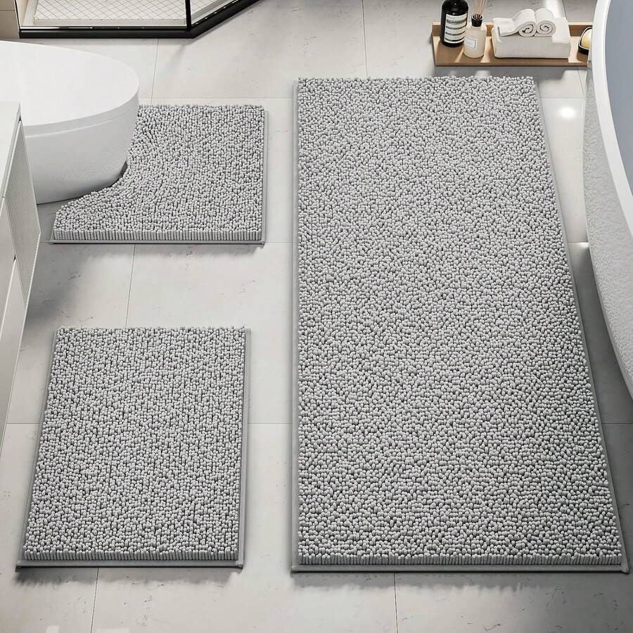 Upgrade Extra Large Bathroom Rugs Set 3 Pieces Thick Absorbent Chenille Bath Mat,Ultra Soft Bathroom Mats,Non Slip Bathroom Floor Mats,Washable Toilet Rug For Bathroom, Bedroom, Kitchen,Light Grey - 灰色 - 查看 1