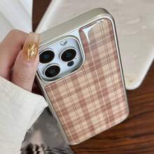 1 pieza Funda de teléfono con patrón de cuadros retro y borde metálico, compatible con Apple/Series, minimalista y vintage, resistente al agua, a los golpes y a los arañazos - Marrón - Ver 8