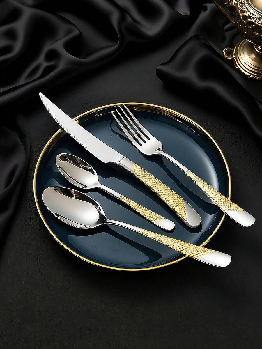 银器套装 - 4/16/24 件节日派对餐具套装 - 1/4/6 件餐具套装 - 带金色装饰的银色餐具套装 - 非常适合家庭聚会、婚礼、生日、招待会和活动餐桌服务用品和日常使用 - 勺子、刀子、茶匙、叉子 - 彩色 - 查看 1