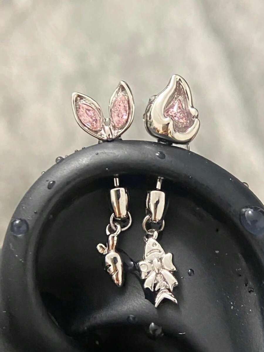 1 Pendiente de diamante rosa, pendiente colgante de conejo, zanahoria, gato y pez, pendiente de diamante de moda y temperamento femenino