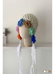 1pc Handmade Crocheted Tassel Tie Hollow Breathable Knitted Beanie Hat For Women, Colorful Floral Pattern, Large Size Fits All, Warm Ear Protection, Casual Versatile Knit Cap For Autumn/Winter