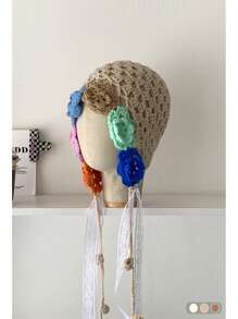 1pc Handmade Crocheted Tassel Tie Hollow Breathable Knitted Beanie Hat For Women, Colorful Floral Pattern, Large Size Fits All, Warm Ear Protection, Casual Versatile Knit Cap For Autumn/Winter