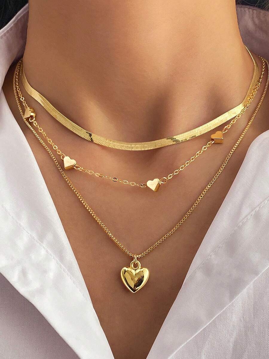 3pcs Multi-Layer Heart Shaped Pendant Necklace - Necklace Set - View 1