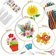 [Beginner Friendly] Cartoon Cross-Stitch Kit, 11CT Grid (Butterfly/Goldfish/Sunflower/Potted Flower) DIY 3-Strand Embroidery Thread, Full Set Of Materials