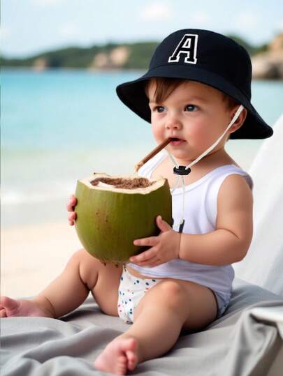 1顶幼儿A-Z字母图案渔夫帽，可调节抽绳，休闲帽，适合男孩女孩，旅行和海滩穿着