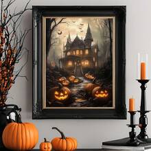 1 Stück gerahmte Leinwand Wandkunst, bereit zum Aufhängen, wasserdicht, Wandkunst, Poster, gerahmtes Wandgemälde, Herbst, Halloween, Horror Spukhaus Leinwandgemälde, Kürbis Party Wandkunst, gotische Halloween Dekoration, Heimdekoration, Herbstdekoration, Raumdekoration - Verschiedenfarbig - Übersicht 12