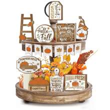 1/70 Sets disponibles, Set de 15 piezas de decoración de bandeja en niveles de madera con temática de Acción de Gracias y otoño, que incluye decoración de bandeja con calabazas de granja, gnomos de otoño, hojas de arce y otros decoraciones de otoño y cosecha para el hogar, sin bandeja