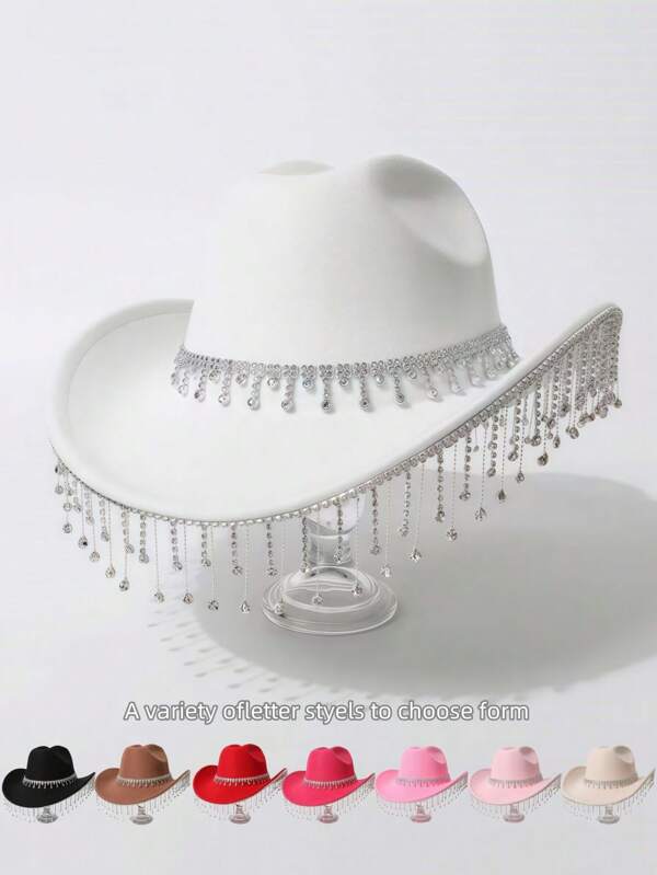 1 pieza Sombrero de dama - Sombrero de fieltro de corona plana y ala ondulada de unicolor, decorado con un cinturón de borla de gota de plata, sombrero elegante y lujoso para fiesta/actuación, gorra de viaje al aire libre, estilo cowboy unisex