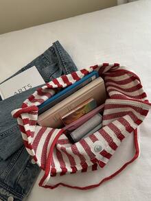 條紋休閒大容量極簡主義購物度假大學購物袋托特包中號托特時尚復古條紋帆布托特包藝術大容量寬敞多功能適合工作學校或日常旅行背包帆布沙灘包 - 紅白色 - 查看 9