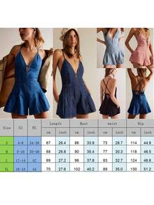 Women Denim Jeans Overall Shorts Jumpsuits Summer Tie Up Backless Playsuit Rompers Clubwear Streetwear - 青碧色 - 查看 6