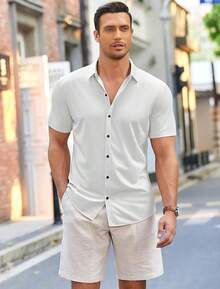 Men's Short Sleeve Casual Button Down Shark Shirts Wrinkle Free Untucked Shirt Summer Stretch Dress Shirtshalloween - 白色 - 查看 9
