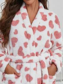 1pc Women's Heart Print Fluffy Bathrobe With Pockets & Waistband Design, Sweet & Elegant, Thickened Thermal Lining, Suitable For Autumn/Winter, Can Be Worn Outdoors As Casual Loungewear, Fall, Cozy - Multicolor - View 8