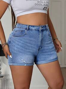 Jeanoix Plus Size Ripped Denim Shorts For Summer - Light Wash - View 4