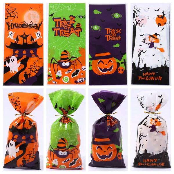50pcs OPP Transparent Halloween Candy Bags Set, Pumpkin & Witch Halloween Elements Colorful Printed Gift Packaging Bags, Ribbons For Party Favors