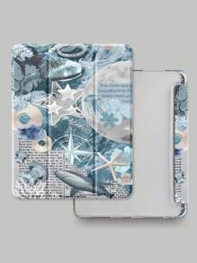 Beautiful Blue Turtle Jellyfish Shark Puzzle Style Pattern Transparent Silicone Shock-Absorbing Stand With Pen Slot, Suitable For Galaxy Tab A8 10.5, S6 Lite 10.4, S7/S8/S9Inch. It Supports Sleep Awakening As A Holiday Gift
