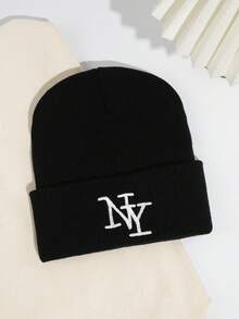 1 件男士 3D 字母刺绣针织帽，户外保暖冬季帽子秋季服装 - 黑2 - 查看 7