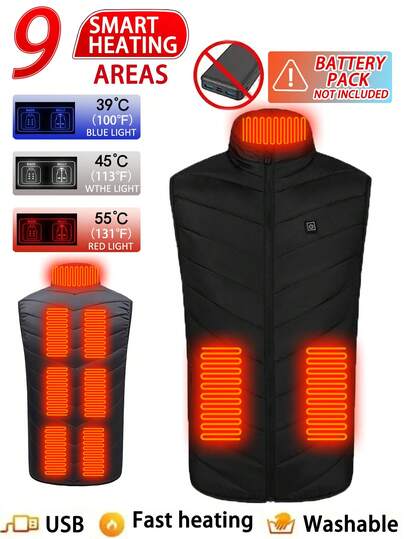 Herrväst i enfärgad, avslappnad värmeväst med 9 värmezoner, vindtät ärmlös jacka för vintern