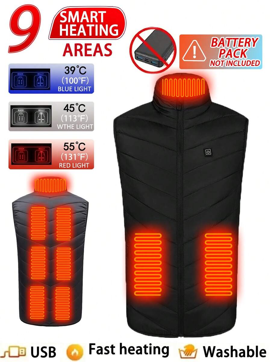 男士休闲纯色加热背心，9 个加热区，冬季防风无袖夹克