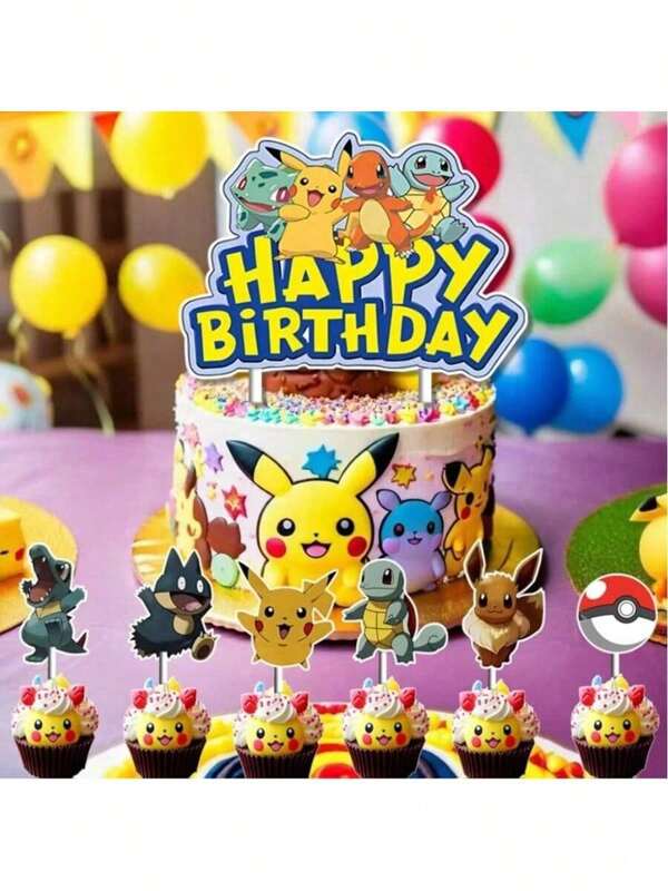 pokemon Pokemon Pocket Monsters 13/1 Cake Toppers, Pikachu Party Cake Decoration Cards, Flags, Size Cards, Cake Toppers Festival Party Decoration (Cake Not Included)