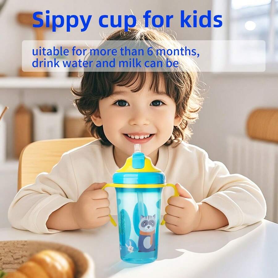 300ml/10oz Cartoon Spill-Proof Sippy Cup With Straw, For 6M+ Toddlers - Leak-Proof Transition Spout Cup, BPA & PPSU Free, 3.2oz (92g), Multi-Colors - Multicolor - View 1