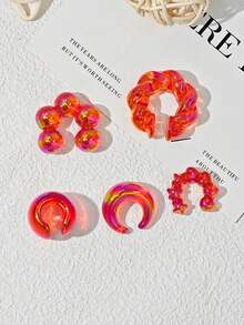 5 件/套无穿孔亚克力彩色多巴胺简约个性化甜美耳夹耳环套装包括新月、心形、星形、扭珠、C 形耳环珠宝礼物，适合女性