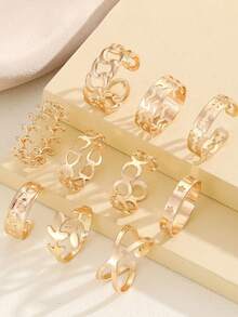 10件金色戒指套装欧美复古十字架叶子镂空爱心不对称戒指简约百搭 - 金色 - 查看 6