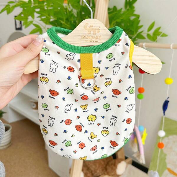 Conjunto de chaleco con estampado de animal colorido para mascotas, incluye ribete de contraste y argolla en D - Vestimenta tipo arnés