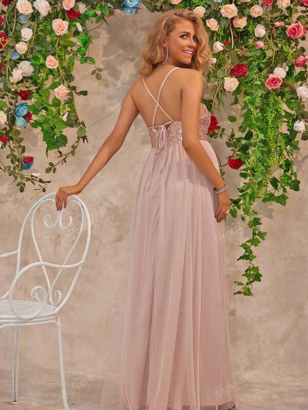 Joyfunear Maternity Sequined Contrast Mesh High Slit Strap Long Formal Dress