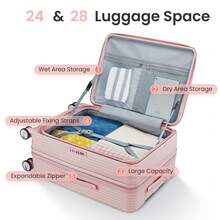 3-Piece Lightweight PC Luggage Set With Front-Access Design, TSA Lock And Silent Spinner Wheels (20/24/28) - Expandable Suitcases With PVC Protective Covers - 粉色 - 查看 6