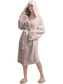 Bearberry Hooded Robe Cozy Leopard Robe Lightweight Soft Plush Bathrobe With Pockets For Women - Kuning - View 1