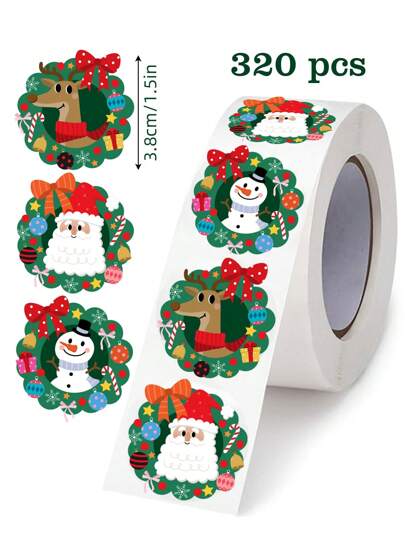 Rollo de 320 pegatinas con formas navideñas, 3 diseños, tamaño grande de 3,8 cm, Papá Noel, renos, muñeco de nieve, adecuadas para regalos, tarjetas, bodas, Navidad, Año Nuevo, fiestas, regalos, sobres, decoración de tarjetas DIY, pegatinas de PVC, útiles escolares, vuelta al colegio
