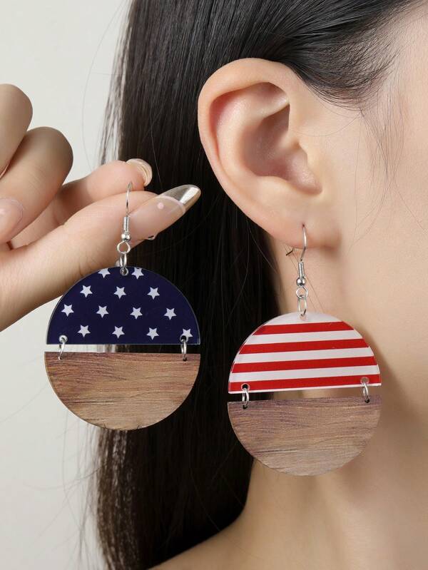 1Pair Joyful Celebration USA Flag Print Acrylic And Wooden Board Splicing Round Drop Earrings Suitable For Women And Girls USA Independence Day Accessories Jewelry
