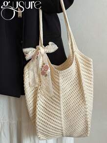 Bolso de playa de verano, bolso de mujer de malla tejida con lazo, bolso de mano con gran capacidad, bolso de compras de unicolor para vacaciones y viajes de verano. Bolso de tela de rafia tejido con lazo para mujer. Bolso de hombro grande de casual de rafia, tejido a ganchillo, bolso de compras para mujer.