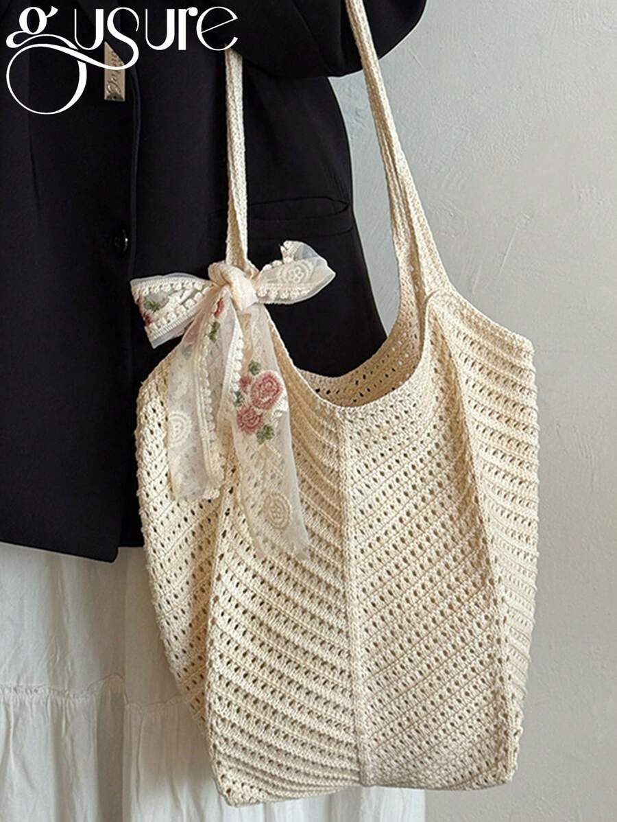 Bolso de playa de verano, bolso de mujer de malla tejida con lazo, bolso de mano con gran capacidad, bolso de compras de unicolor para vacaciones y viajes de verano. Bolso de tela de rafia tejido con lazo para mujer. Bolso de hombro grande de casual de rafia, tejido a ganchillo, bolso de compras para mujer.