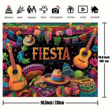 1 pieza Telón de fondo de fotografía alegre del Carnaval mexicano - Interesantes accesorios de cactus y guitarra - Adecuado para vacaciones, fiestas de cumpleaños, celebraciones del 5 de mayo - Decoración de fiesta duradera, divertido para recuerdos de fotomatón - Multicolor - Ver 3