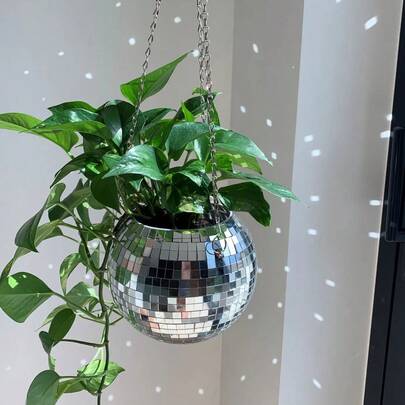 1 件迪斯科球花盆悬挂式镜面球形塑料花盆、园艺篮、迪斯科花盆