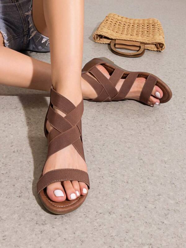 Women's Elastic Ankle Strap Low Wedges Sandals For Summer Vacation