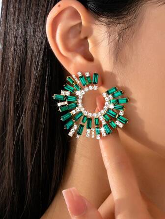 1 Pair Fashionable, Elegant Fanshaped Colorful Rhinestone Earrings For Women, Suitable For Daily Wear, Party, Festival, Wedding Outfit