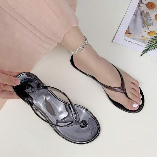 Gelee-Farbe transparente Beach Flip-Flops Damen Lässig Sandalen Flache Hausschuhe